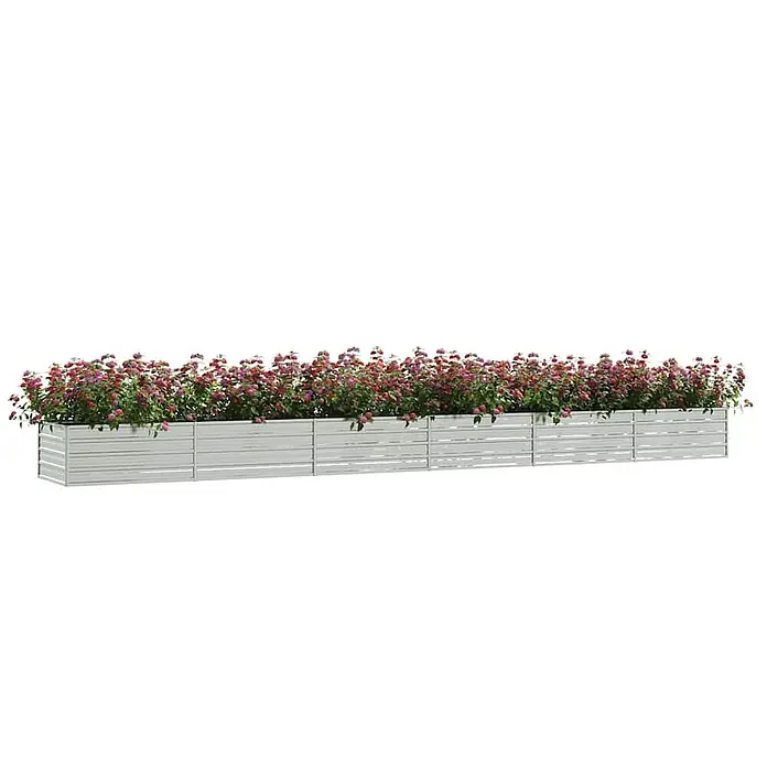 Furnicato Hochbeet - 600 x 80 x 45 cm, Stahl, Silber - Langer, gestreifter Metallpflanzkasten mit rosa und roten Blumen.