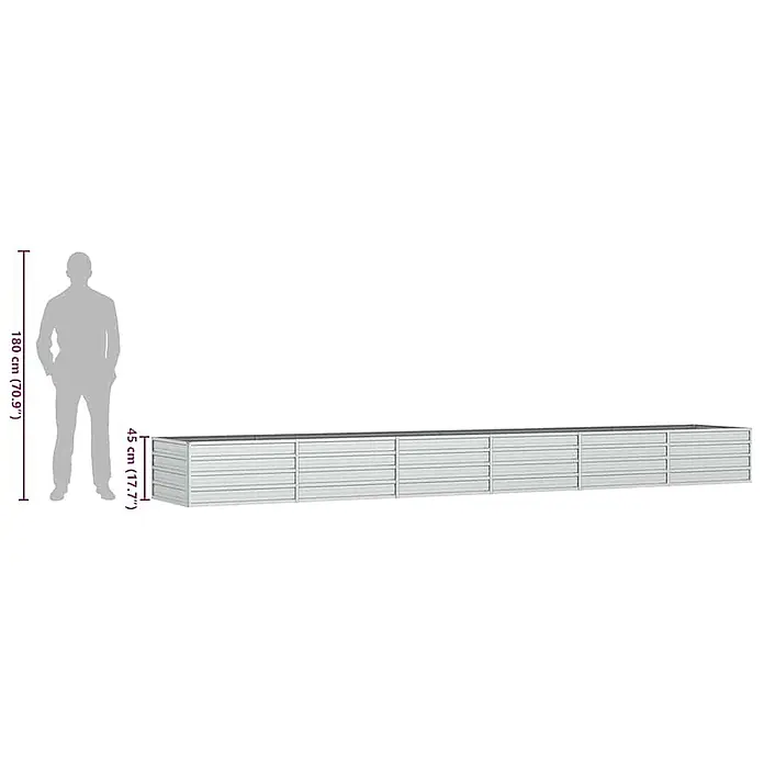 Furnicato Hochbeet - 480 x 80 x 45 cm, Stahl, Silber - Langes, silbernes Metall-Pflanzgefäß, 45 cm hoch, mit einer Person zur Größenangabe.