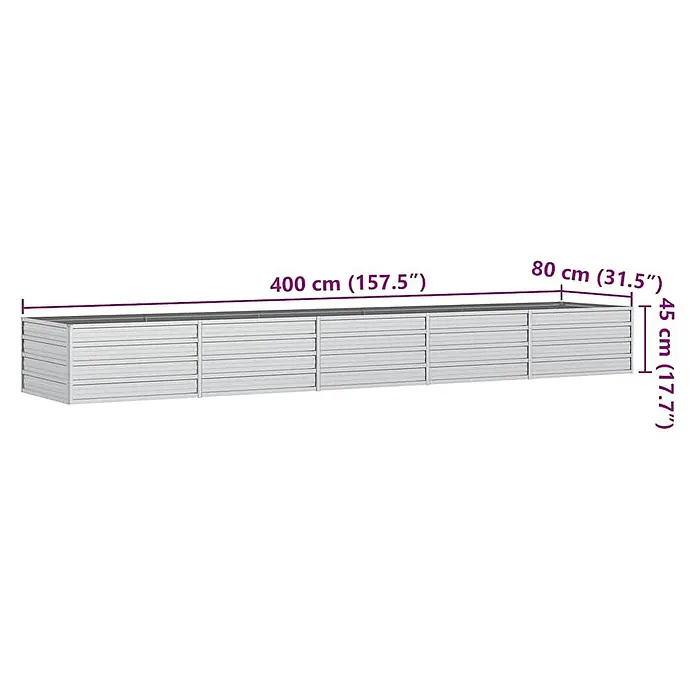Furnicato Hochbeet - 400 x 80 x 45 cm, Stahl, Silber - Langes silbernes Hochbeet aus Metall, 400 cm lang, 80 cm breit, 45 cm hoch.