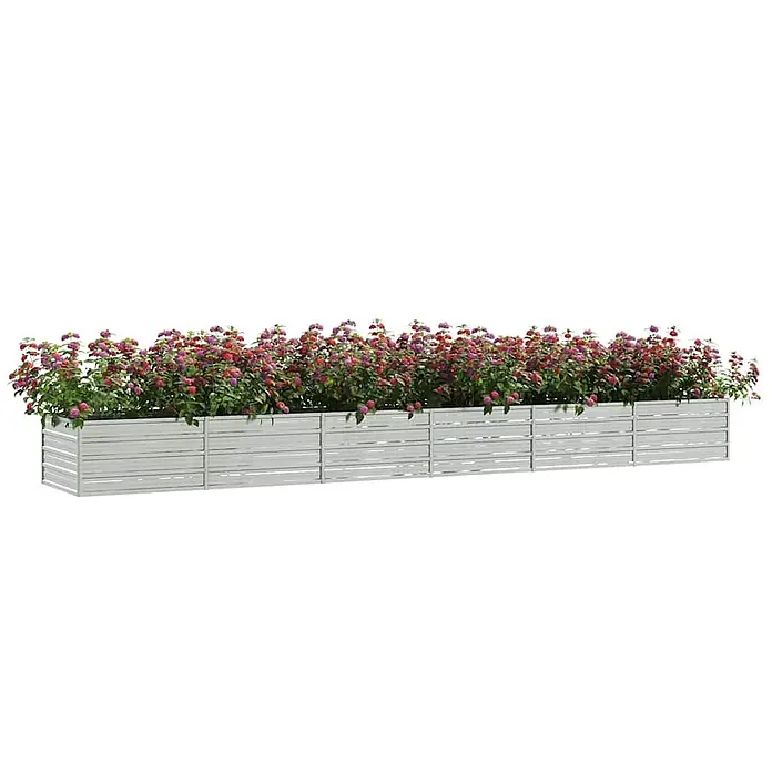Furnicato Hochbeet - 480 x 80 x 45 cm, Stahl, Silber - Langer, hellgrauer Lamellen-Pflanzkasten mit bunten lila-rosa Blüten.