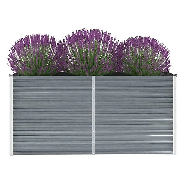 Furnicato Hochbeet - 40 x 160 x 77 cm, Stahl, Grau - Rechteckiges graues Wellblech-Hochbeet mit drei lila blühenden Pflanzen.