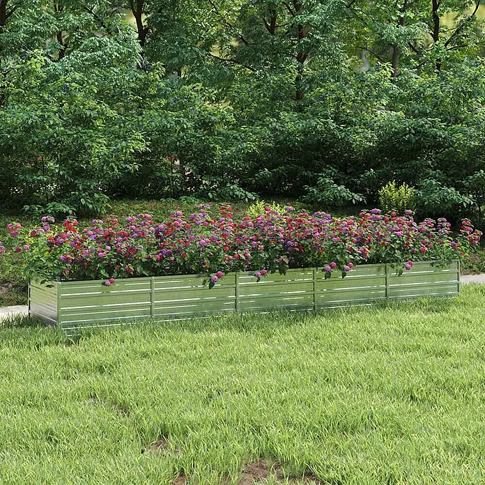 Furnicato Hochbeet - 400 x 80 x 45 cm, Stahl, Silber - Langes Hochbeet aus verzinktem Stahl, gefüllt mit bunten Blumen.