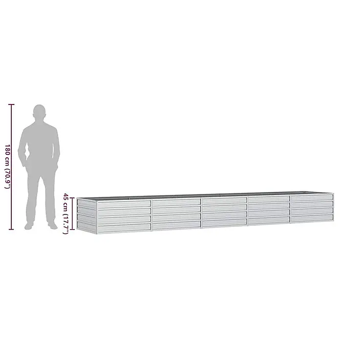 Furnicato Hochbeet - 400 x 80 x 45 cm, Stahl, Silber - Langes graues Metall-Hochbeet mit Lamellendesign, 45 cm hoch, mit 180 cm großer Person als Größenvergleich.