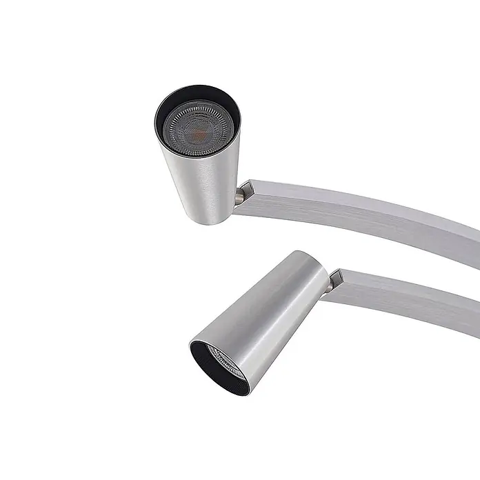 Lucande Deckenleuchte Velanoris - alu / grau / zink, alu / grau / zink, GU10 - Zwei silberne, kegelförmige Strahler mit LED-Leuchtmitteln an einer gebogenen Metallschiene.