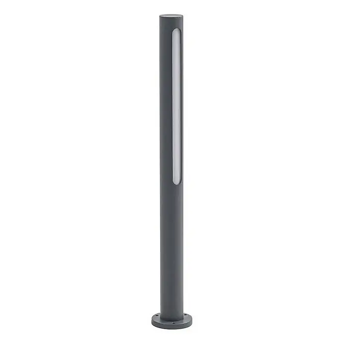 Lindby Außenlaterne Liravel - 8 x 8 x 60 cm - Dunkelgraue zylindrische Pollerleuchte mit vertikalem, lichtdurchlässigem Paneel und runder Montagebasis.
