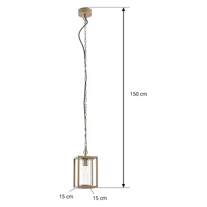 Lucande Außenwand- & Deckenleuchte Ferda - braun / rost, braun / rost, IP44 - Goldene Hängeleuchte mit rechteckigem Käfig, Klarglaszylinder und sichtbarer Glühbirne.