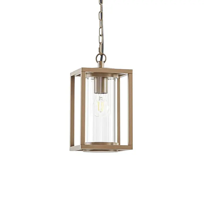 Lucande Außenwand- & Deckenleuchte Ferda - braun / rost, braun / rost, IP44 - Rechteckige goldene Pendelleuchte mit klarem Glaszylinder und sichtbarer Edison-Glühbirne.