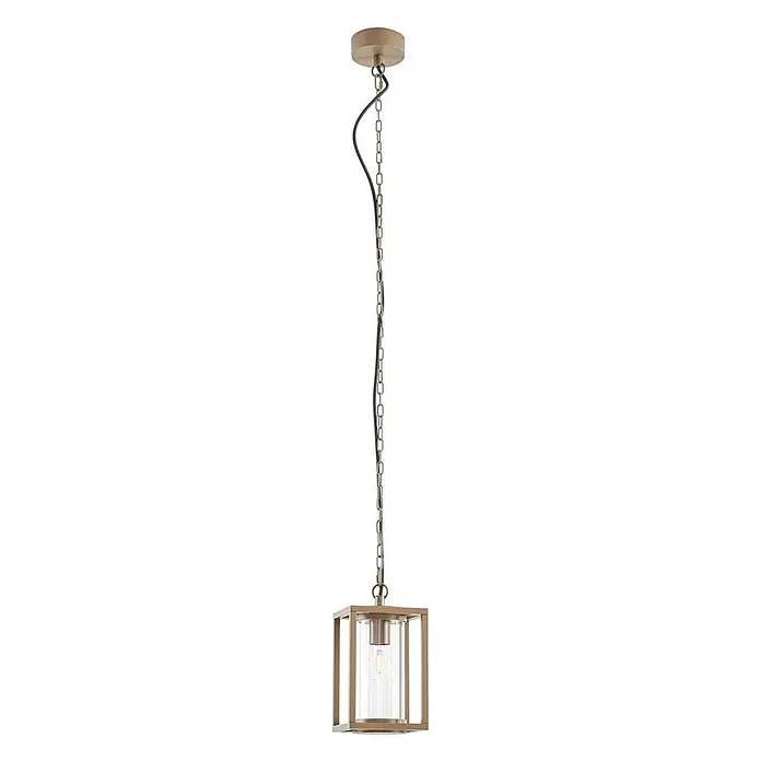 Lucande Außenwand- & Deckenleuchte Ferda - braun / rost, braun / rost, IP44 - Goldene Pendelleuchte mit rechteckigem Rahmen, klarem Glaszylinder und sichtbarer Glühbirne, an einer Kette mit schwarzem Kabel.
