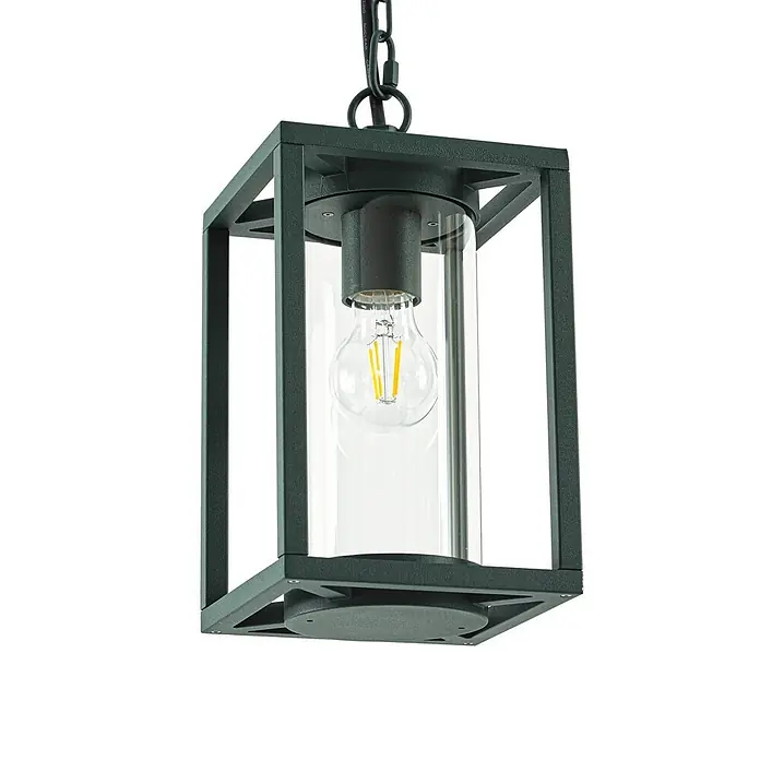 Lucande Außenwand- & Deckenleuchte Ferda - grün, grün, IP44 - Schwarze rechteckige Außenhängeleuchte mit klarem Glaszylinder und sichtbarer LED-Glühfadenlampe.