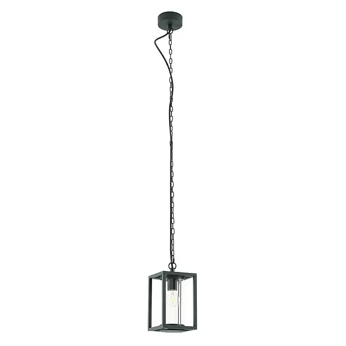 Lucande Außenwand- & Deckenleuchte Ferda - grün, grün, IP44 - Schwarze Metall-Pendelleuchte mit quadratischem Rahmen, klarem Glaszylinder und sichtbarer Glühbirne, an einer Kette hängend.