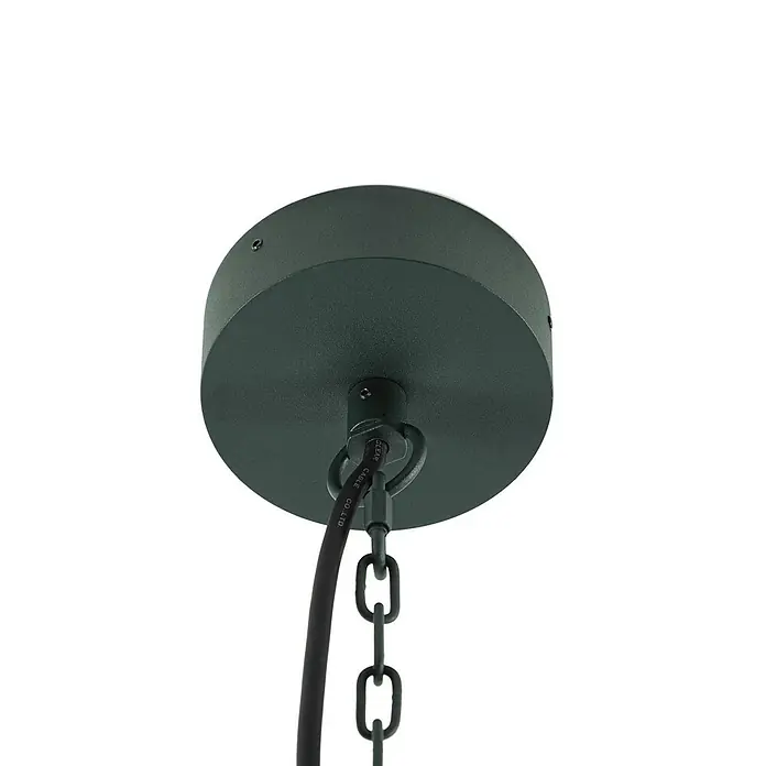 Lucande Außenwand- & Deckenleuchte Ferda - grün, grün, IP44 - Dunkelgraue, strukturierte Deckenrosette mit schwarzem Elektrokabel und Kette.