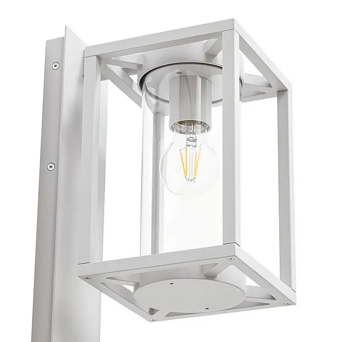 Lucande Außenwandleuchte Ferda - alu / grau / zink, alu / grau / zink, IP44 - Weiße moderne Außenstandleuchte mit geometrischem Rahmen, klarem Glaszylinder und sichtbarer LED-Glühbirne.
