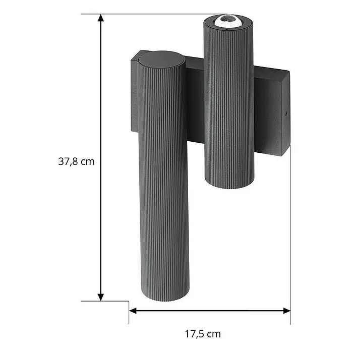 Lucande Außenwandleuchte Torvian - schwarz, schwarz, IP65 - Anthrazitfarbene, gerippte Wandleuchte mit zwei zylindrischen Lichtern. Maße: 37,8x17,5 cm.