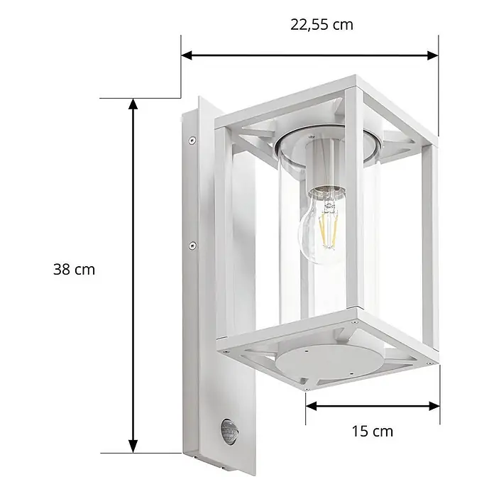 Lucande Außenwandleuchte Ferda - 22,5 x 16 x 38 cm, alu / grau / zink, alu / grau / zink, IP44 - Weiße quadratische Außenwandleuchte mit Glaszylinder und Sensor, Maße 38x22,55x15 cm.