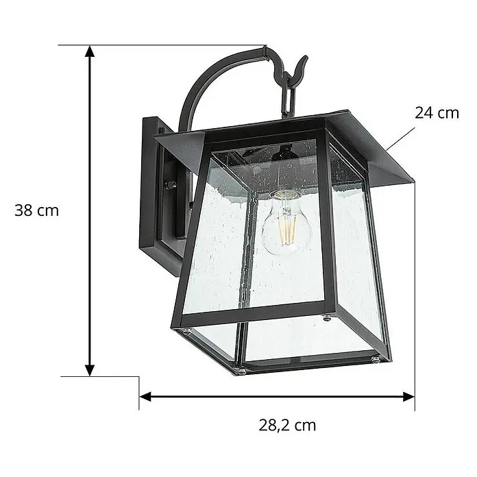 Lucande Außenwandleuchte Xavon - 28,2 x 24 x 38 cm, schwarz, schwarz, IP44 - Schwarze Wandleuchte aus Metall mit strukturiertem Glas und sichtbarer LED-Birne.