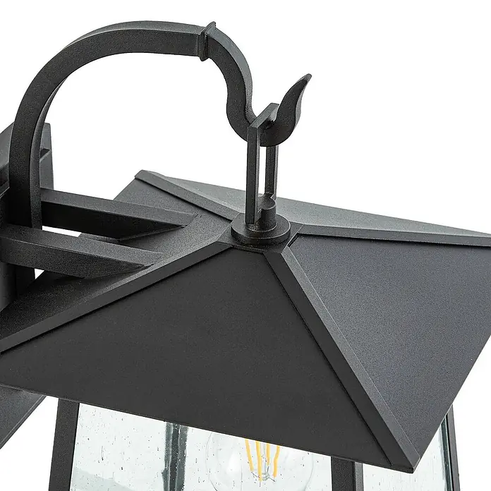 Lucande Außenwandleuchte Xavon - 28,2 x 24 x 38 cm, schwarz, schwarz, IP44 - Schwarze Metall-Außenwandlaterne mit strukturiertem Glas und sichtbarer Glühbirne.