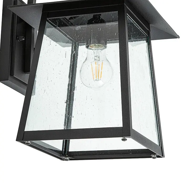Lucande Außenwandleuchte Xavon - 28,2 x 24 x 38 cm, schwarz, schwarz, IP44 - Schwarze Außenwandleuchte mit strukturierten Glaspaneelen und sichtbarer LED-Glühbirne.