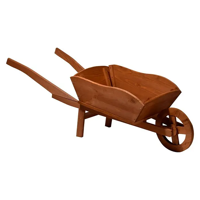Dobar Pflanzschubkarre - 130 x 40 x 40 cm, Braun, Massivholz - Detailaufnahme einer hölzernen Schubkarre, ideal für Gartenarbeit und Dekoration im Freien. Handgefertigt für Langlebigkeit und rustikalen Charme.
