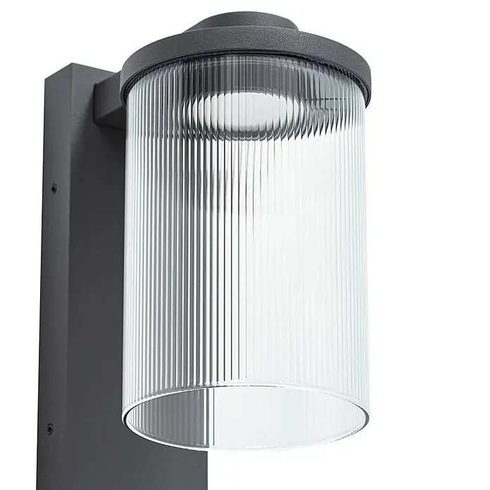 Lucande Außenwandleuchte Beelia - schwarz, klar / transparent, IP65 - Dunkelgraue Wandaußenleuchte mit klarem, geriffeltem Zylinderdiffusor und integriertem LED.