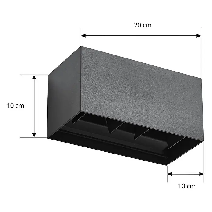 Lindby Außenwandleuchte Nivar - 10 x 20 x 10 cm, schwarz, schwarz, IP54 - Dunkelgraue rechteckige Wandleuchte, 20 cm lang, 10 cm hoch und 10 cm tief.