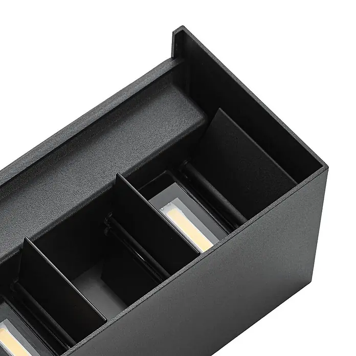 Lindby Außenwandleuchte Nivar - 10 x 20 x 10 cm, schwarz, schwarz, IP54 - Matt-schwarze rechteckige Wandleuchte mit inneren Trennwänden und sichtbaren warmweißen LED-Modulen.
