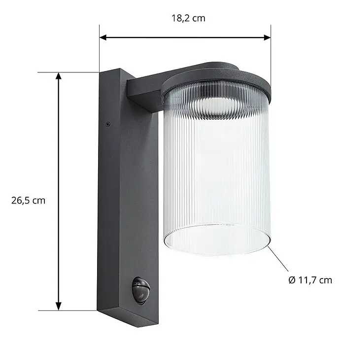 Lucande Außenwandleuchte Beelia - schwarz, klar / transparent, IP65 - Dunkelgraue Außenwandleuchte mit geriffeltem Klarglaszylinder und Bewegungssensor. Höhe 26,5 cm.