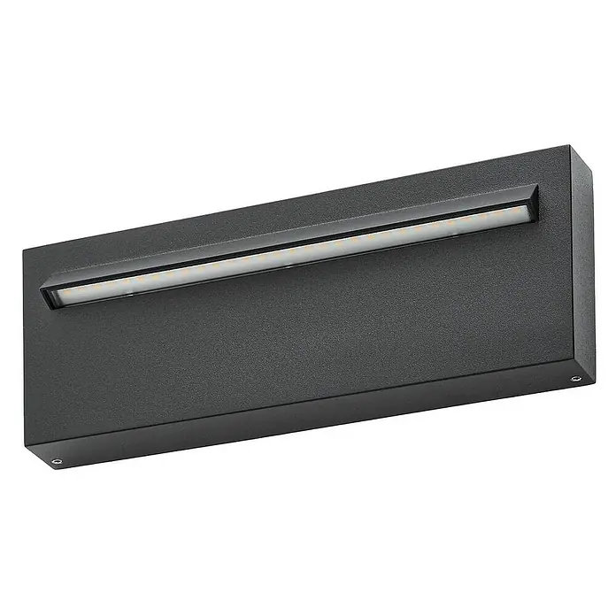 Lucande Außenwandleuchte Joril - schwarz, schwarz, IP65 - Dunkelgraue, rechteckige LED-Wandleuchte mit horizontalem Lichtstreifen.