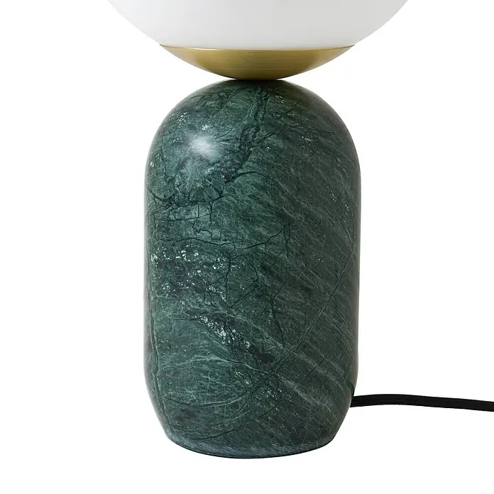 Lindby Tischleuchte Lennes - grün, weiß / opal, E27 - Tischlampe mit dunkelgrünem Marmorfuß, Messingakzent und weißem Milchglasschirm.