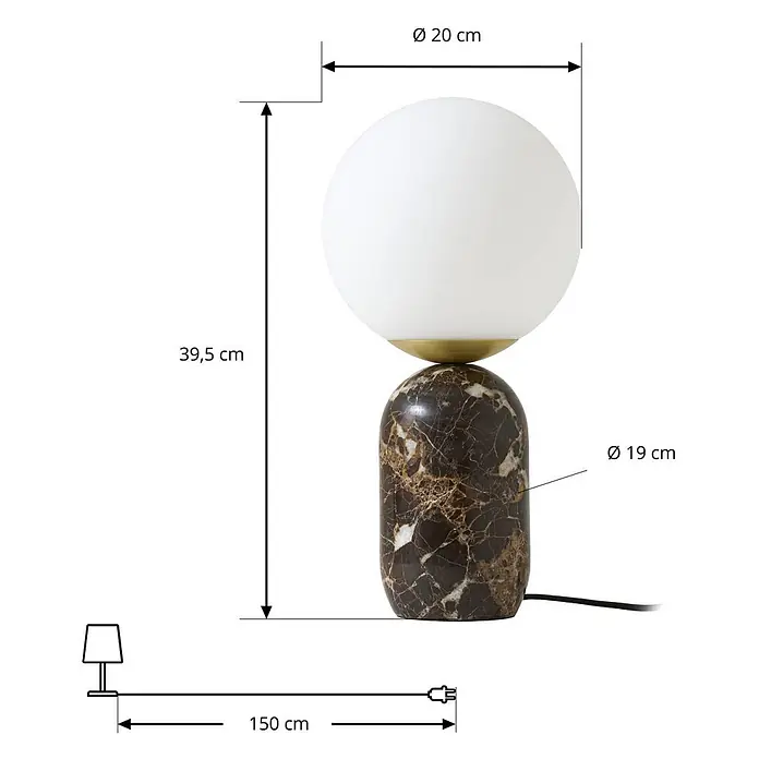 Lindby Tischleuchte Lennes - braun / rost, weiß / opal, E27 - Weiße kugelförmige Tischleuchte mit dunkelbraunem Marmorsockel und Messingdetails.