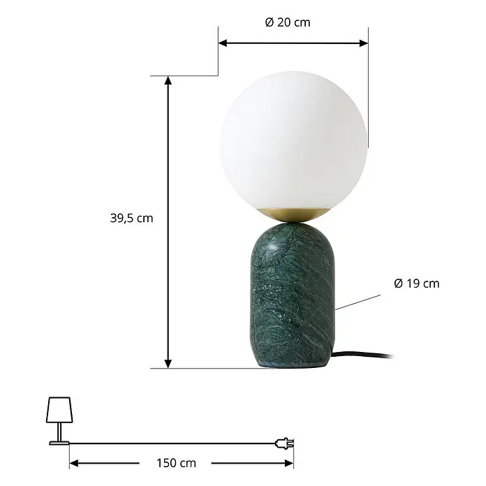 Lindby Tischleuchte Lennes - grün, weiß / opal, E27 - Tischlampe mit weißem kugelförmigem Glasschirm und grünem Marmorsockel. Gesamthöhe 39,5 cm.