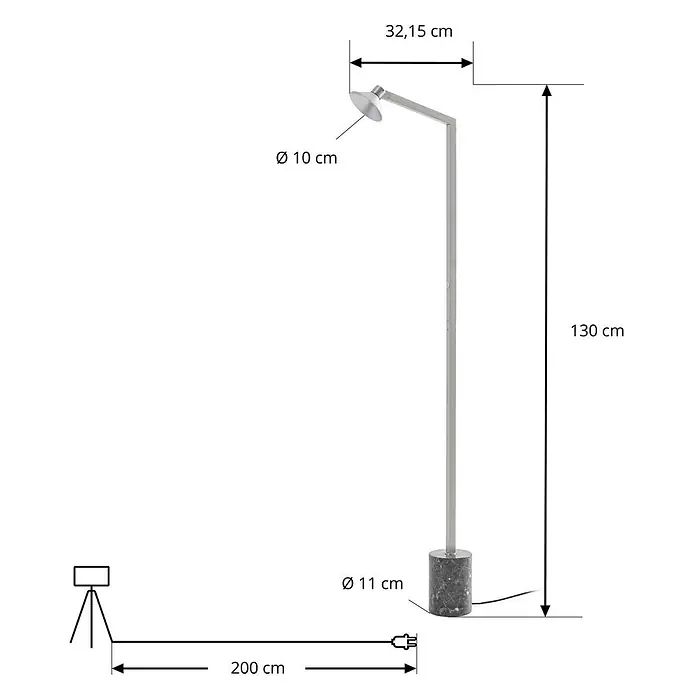Lucande Stehleuchte Steve - Höhe: 130 cm, alu / grau / zink, alu / grau / zink - Stehlampe aus silbernem Metall mit Marmorsockel und verstellbarem Strahlerkopf.