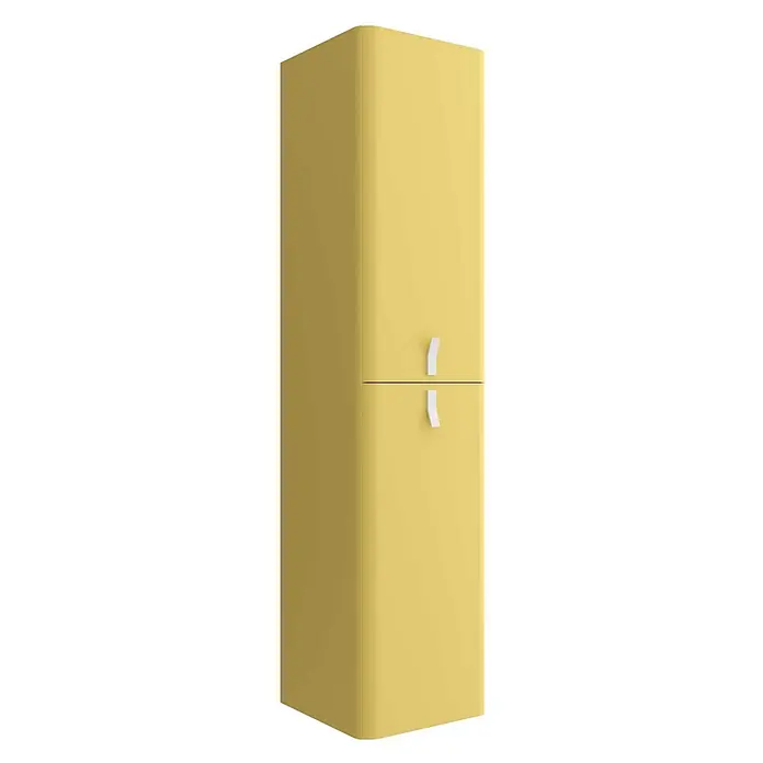 Salgar Hängeschrank Hochschrank wandhängend UNIIQ Paja Badmöbel -  - Hoher, gelber Retro-Kühlschrank mit abgerundeten Ecken, zwei Türen und weißen Griffen.