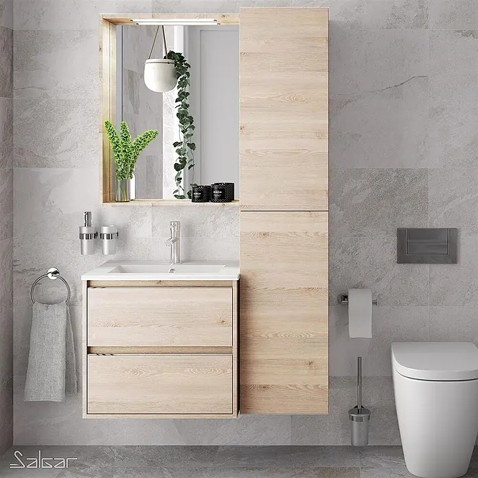 Salgar Hängeschrank Hochschrank ALLIANCE 1600 mit 2 Türen Nature - Natural - Moderner Badmöbelblock aus hellem Holz mit Waschbecken, Schubladen, Spiegelschrank und Hochschrank, wandhängend.