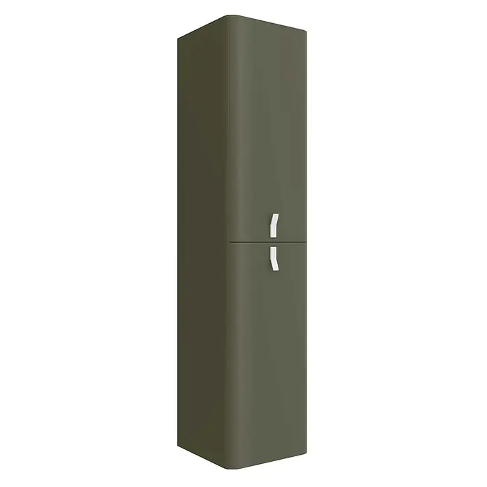 Salgar Hängeschrank UNIIQ - Bosque - Hoher, dunkelolivgrüner Schrank mit abgerundeten Kanten, zwei Fächern und zwei weißen, abgewinkelten Griffen.