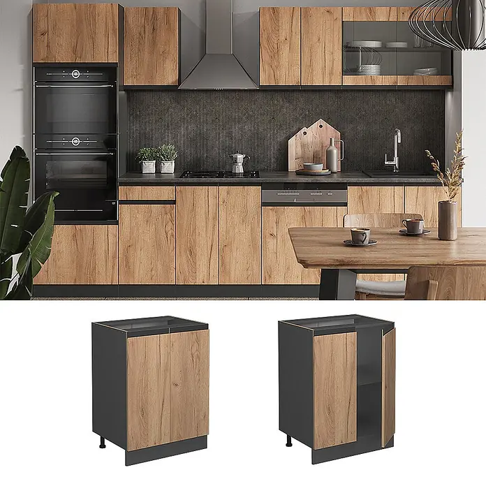 Vicco Schrankküche R-Line Goldkraft Eiche J-Shape, AP Eiche - Goldkraft Eiche, Unterschrank 60 cm grifflos AP Eiche - Küchenunterschrank mit Eichendekor-Türen und dunkelgrauem Korpus, zur Aufbewahrung.