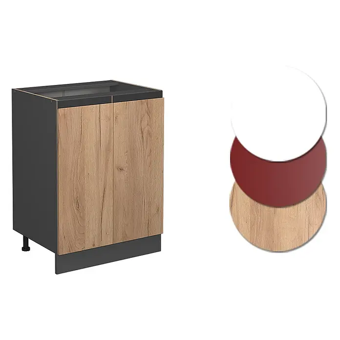 Vicco Schrankküche R-Line Goldkraft Eiche J-Shape, AP Eiche - Goldkraft Eiche, Unterschrank 60 cm grifflos AP Eiche - Dunkelgrauer Unterschrank mit zwei hellen Türen in Holzoptik. Enthält weiße, dunkelrote und Holzfarbmuster.