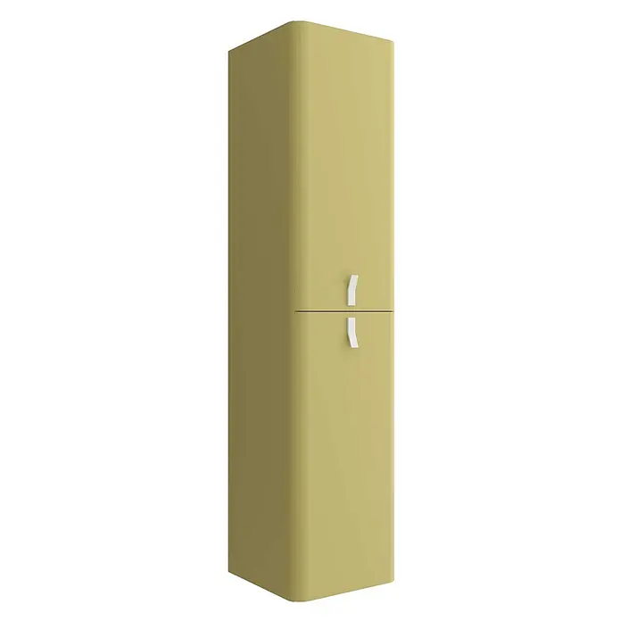 Salgar Hängeschrank Hochschrank wandhängend UNIIQ Salvia Badmöbel -  - Retro lindgrüner Kühlschrank mit abgerundeten Ecken und zwei weißen Griffen für Ober- und Unterfach.