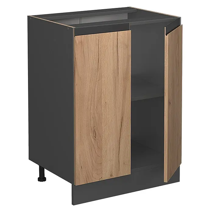 Vicco Schrankküche R-Line Goldkraft Eiche J-Shape, AP Eiche - Goldkraft Eiche, Unterschrank 60 cm grifflos AP Eiche - Dunkelgrauer Küchenunterschrank mit zwei Holztüren, eine geöffnet, zeigt ein Innenregal.