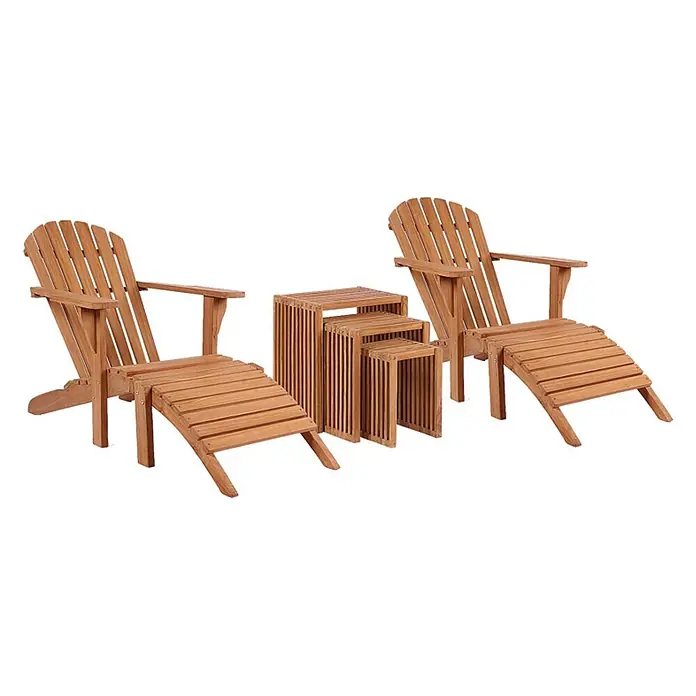Bene Living Gartenliegen-Set Deckchair Montreal & Beistelltisch - braun, Naturmaterialien, Stapelbar - Zwei Adirondack-Stühle aus Naturholz mit passenden Hockern und drei Beistelltischen, als Outdoor-Lounge-Set.