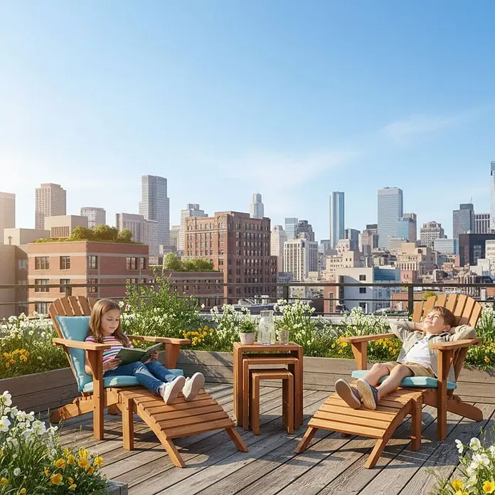 Bene Living Gartenliegen-Set Deckchair Montreal & Beistelltisch - braun, Naturmaterialien, Stapelbar - Zwei Kinder entspannen auf hölzernen Adirondack-Stühlen mit Fußstützen und blauen Kissen auf einer Dachterrasse, neben Beistelltischen.
