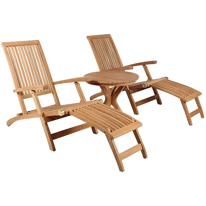 Bene Living Gartenliegen-Set Deckchair Yacht & Tisch Burton - B x T: 170 x 60 cm, braun, Naturmaterialien, Rückenlehne verstellbar - Zwei Holz-Liegestühle mit passenden Fußhockern und einem kleinen runden Tisch für den Außenbereich.