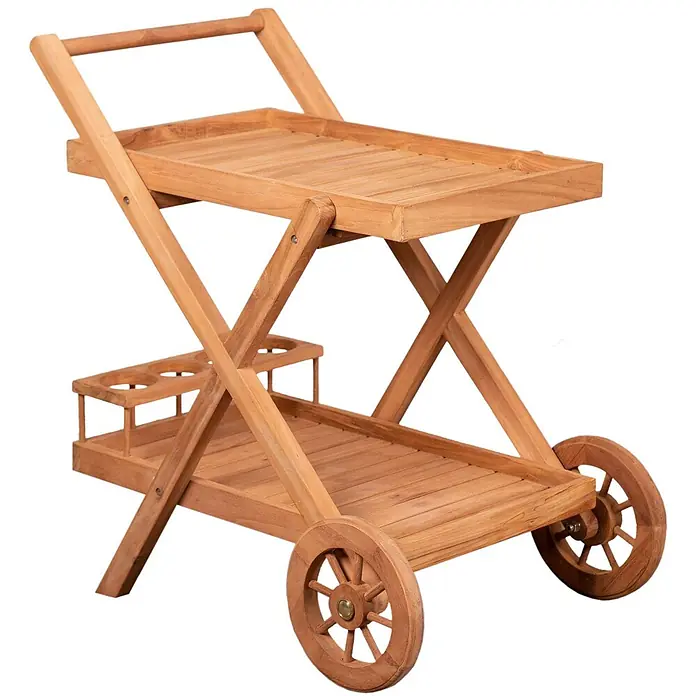 Bene Living Garten-Beistelltisch Chester - Teakholz, Rollbar, Rechteckig, Natur - Hölzerner Barwagen mit zwei Ablagen, Griff und Speichenrädern, in hellem Braunton mit Flaschenhalter.