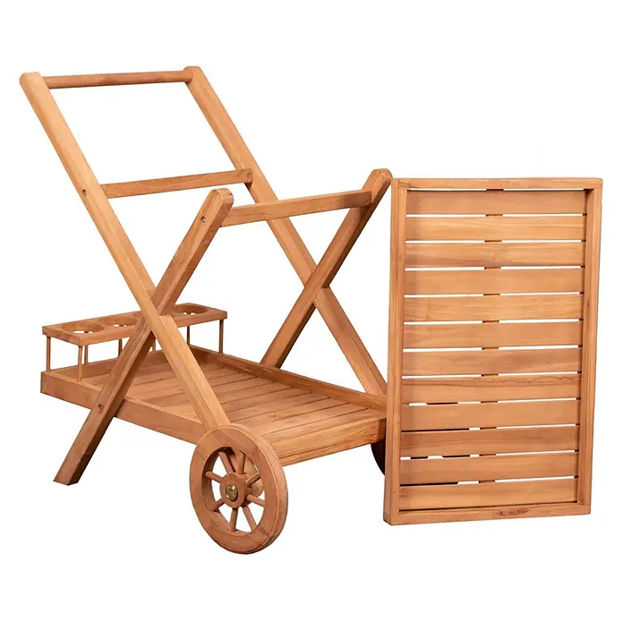 Bene Living Garten-Beistelltisch Chester - Teakholz, Rollbar, Rechteckig, Natur - Klappbarer hellbrauner Servierwagen aus Holz mit Rädern, Getränkehaltern und angehängtem Lamellentisch.