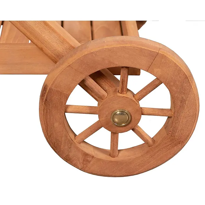Bene Living Garten-Beistelltisch Chester - Teakholz, Rollbar, Rechteckig, Natur - Rundes Holzrad mit Speichen und Messingnabe, Teil eines Wagens.
