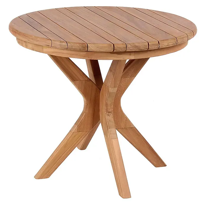 Bene Living Garten-Beistelltisch Burton - L x B x H: 60 x 60 x 50 cm, Teakholz, Rund, Natur - Runder Esstisch für den Außenbereich aus hellbraunen Teakholzlatten mit gekreuztem Fußgestell.