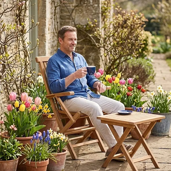 Bene Living Gartenstuhl Andover - 1 Stk., Teakholz, Klappbar, Natur - Mann entspannt auf einem klappbaren Holzstuhl mit passendem Klapptisch im Freien.