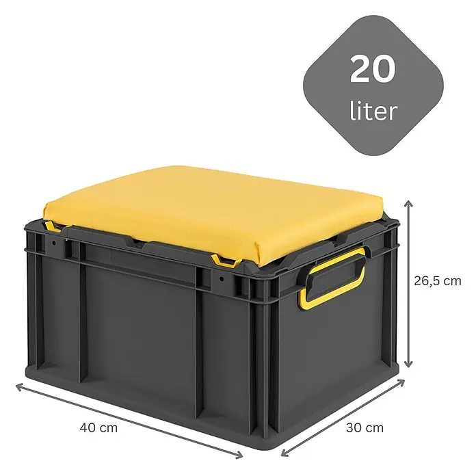 Proregal Euroboxen-Set 6x NextGen Seat Box Gelb - Kunststoff, Schwarz-Gelb, 6 Stk. - Dunkelgraue Aufbewahrungsbox mit gelbem Sitzkissen. Maße: 40x30x26,5 cm, 20 Liter Fassungsvermögen.