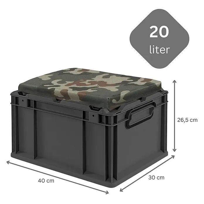 Proregal Euroboxen-Set 6x NextGen Seat Box Camouflage - L x B x H: 40 x 30 x 26,5 cm, Kunststoff, Schwarz-Camouflage, 6 Stk. - Dunkelgraue Kunststoff-Lagerbox mit Tarnmuster-Sitzkissen, 40x30x26,5 cm, 20 Liter Fassungsvermögen.