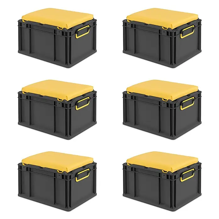 Proregal Euroboxen-Set 6x NextGen Seat Box Gelb - Kunststoff, Schwarz-Gelb, 6 Stk. - Sechs dunkelgraue Aufbewahrungsboxen mit gelben Sitzkissen, als Sitzgelegenheit und Stauraum nutzbar.