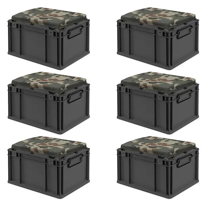 Proregal Euroboxen-Set 6x NextGen Seat Box Camouflage - L x B x H: 40 x 30 x 26,5 cm, Kunststoff, Schwarz-Camouflage, 6 Stk. - Sechs graue Kunststoff-Lagerboxen mit Tarnmuster-Sitzkissen.